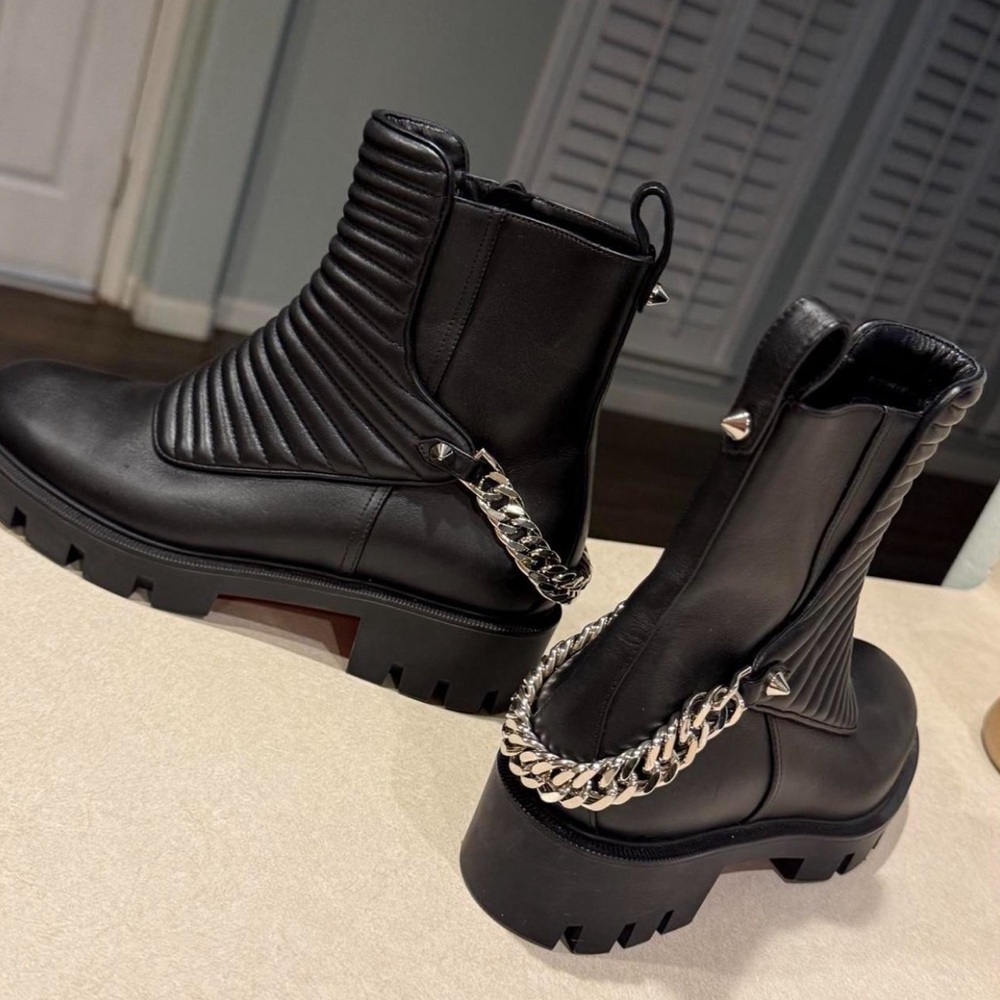 Christian Louboutin Black Ankle Boots with Silver Chain